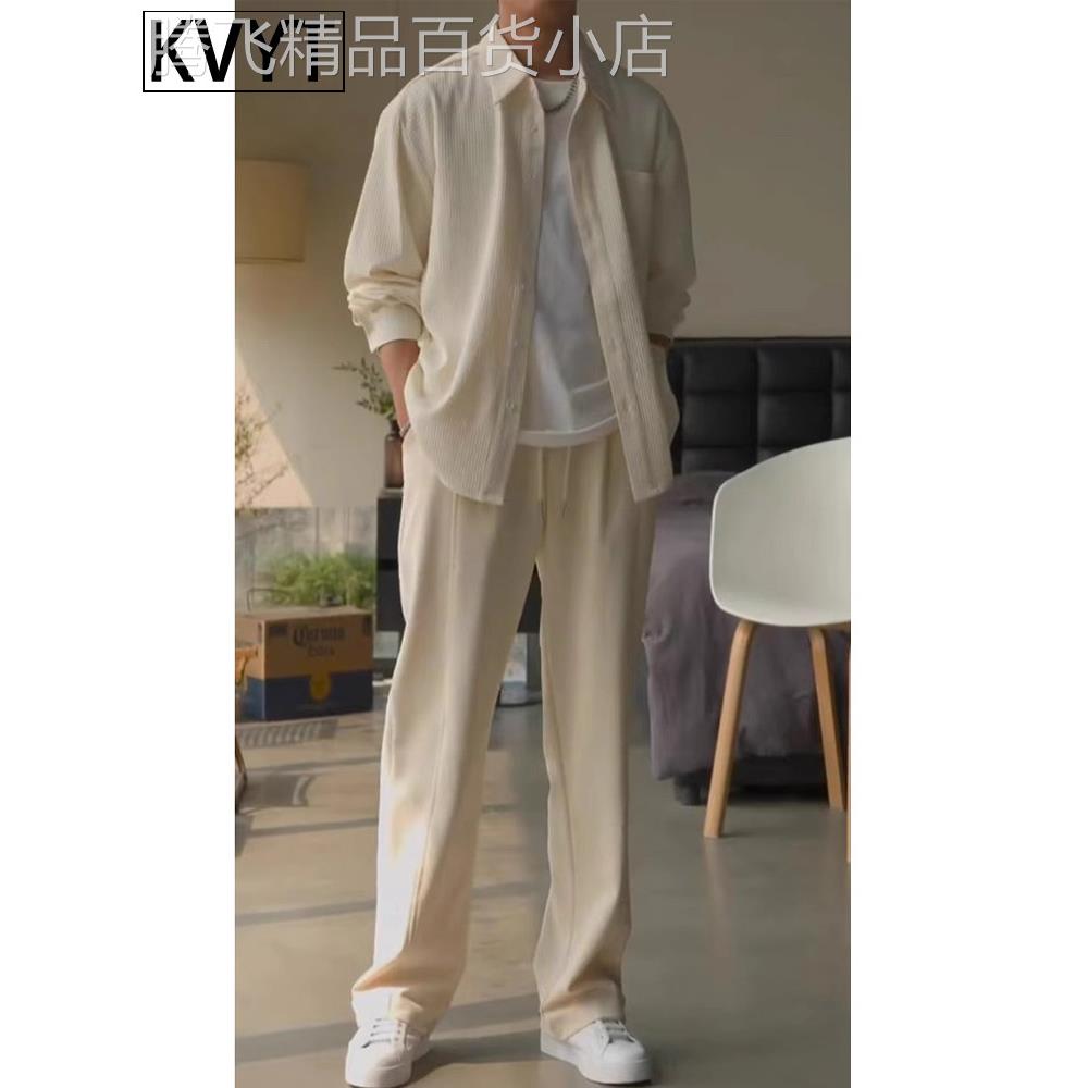 高端华夫格衬衫套装男士秋季流行穿搭2025新款潮牌男装两件套搭配