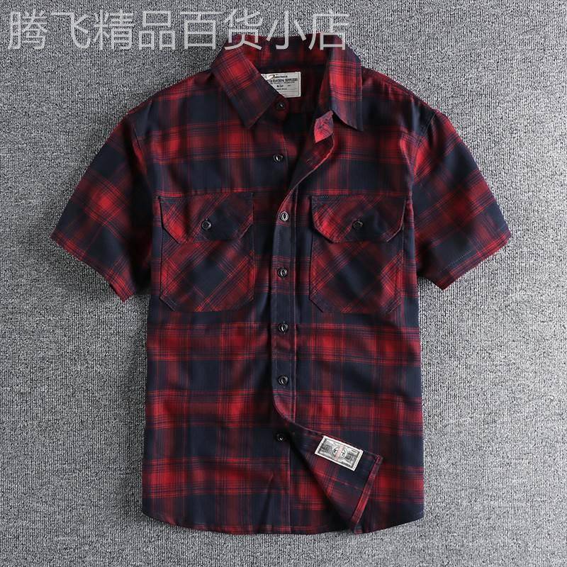 代购欧美复古潮流格子短袖衬衫男夏季日常百搭上衣工装风休闲衬衣