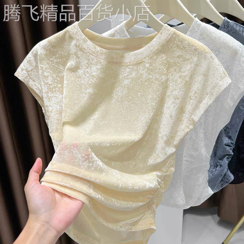 网纱薄款杏色T恤女短袖女2026新款韩系高腰修身弧形下摆短款上衣