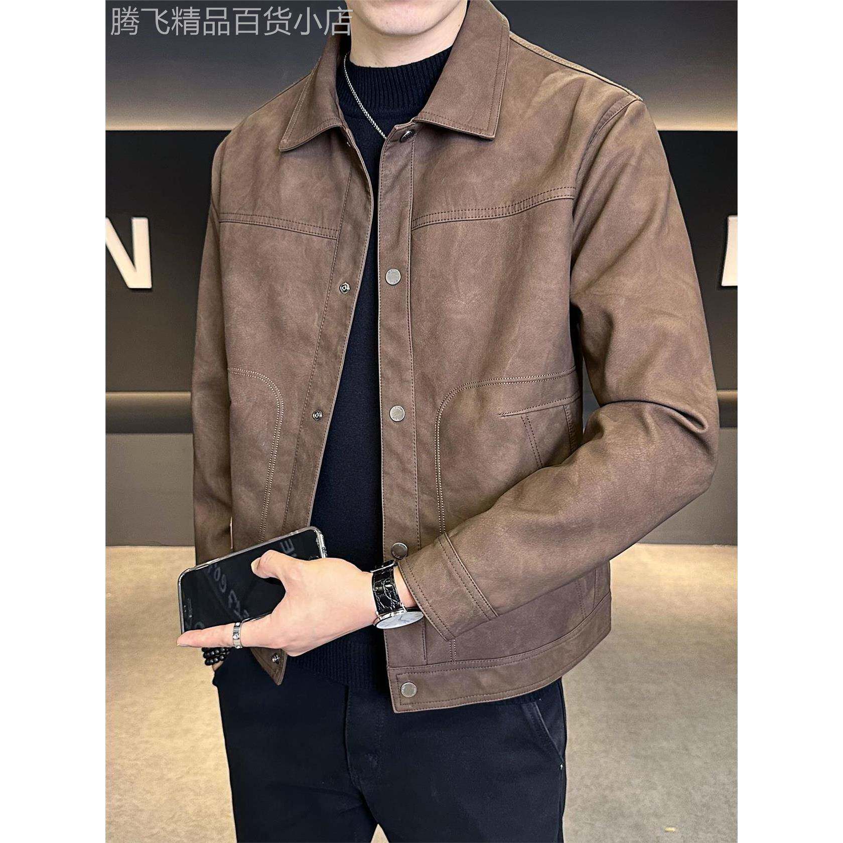 高级感翻领皮衣夹克男士外套2025春秋季新款宽松痞帅机车简约男装