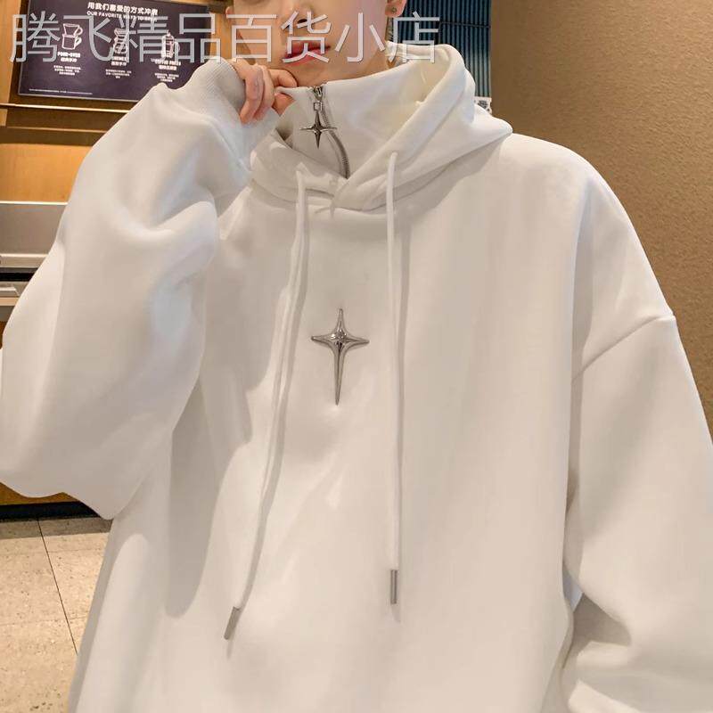 加绒连帽卫衣男潮牌秋冬季假两件宽松保暖上衣新款半拉链加厚外套