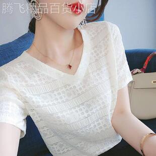 白色短袖t恤女夏季薄款2025年新款宽松显瘦v领蕾丝雪纺衫半袖上衣