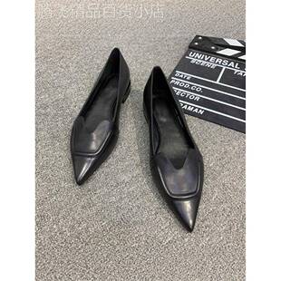 潮牌真皮单鞋女平底2025秋冬季新款欧美尖头低跟黑色软底浅口女鞋