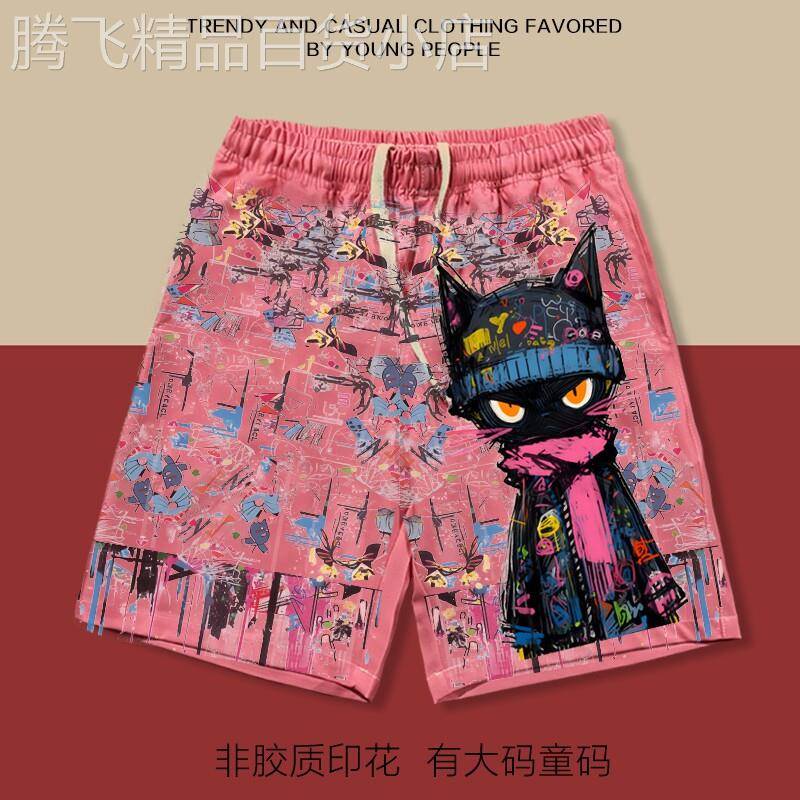 美式涂鸦猫多巴胺短裤男女印花卡通夏季宽松休闲沙滩裤大码五分裤