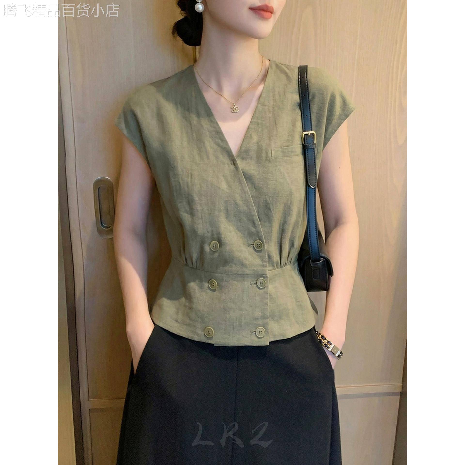 夏季新款V领双排扣设计绿色无袖衬衫女盖肩袖收腰口袋装饰上衣