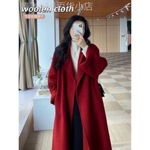 安可拉红色大衣女士秋冬季小个子气质宽松高级感双面羊绒毛呢外套