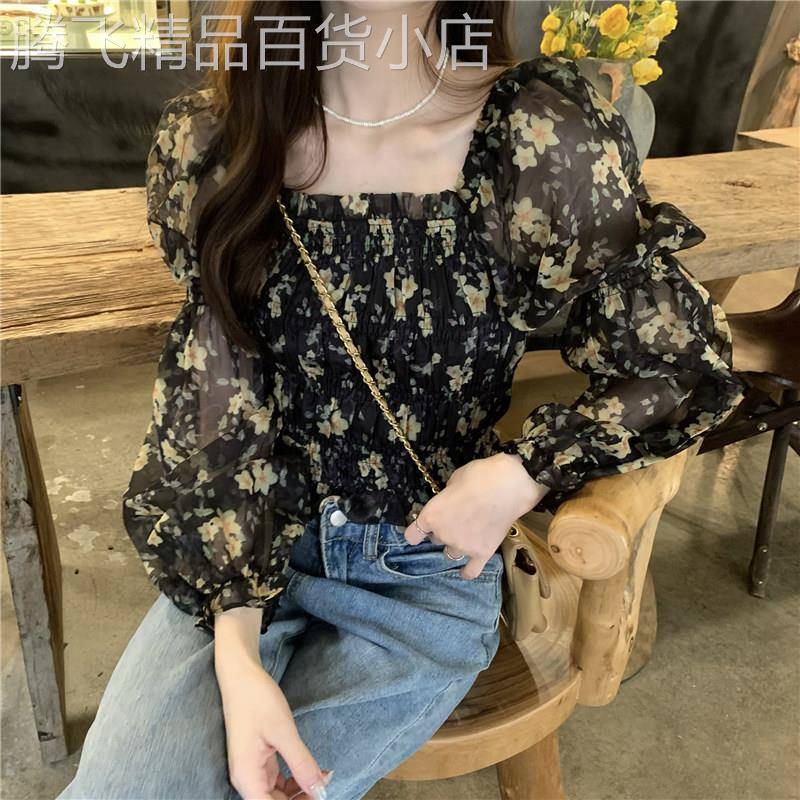法式方领锁骨雪纺衬衫女短款上衣 小个子碎花洋装 春夏新款通勤风图片