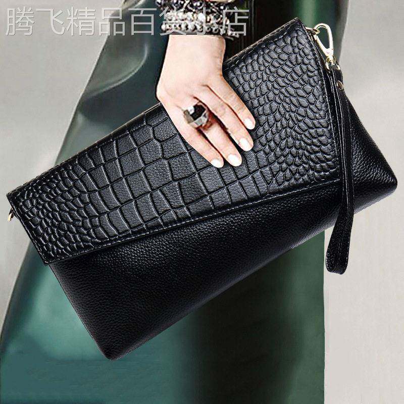 奢侈品手拿包女真皮大容量女包妈妈晚礼服小包黑色链条牛皮斜挎包