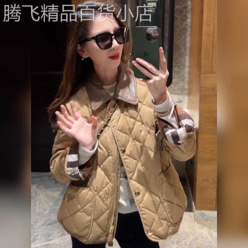 欧货复古小众棕色菱格棉服女秋冬新款轻薄短款小个子气质休闲外套