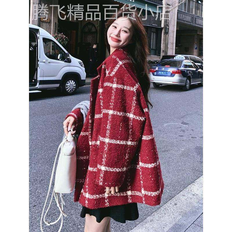 香港本命年红色格子羽绒西装毛呢外套女冬短款小个子宽松加厚呢子