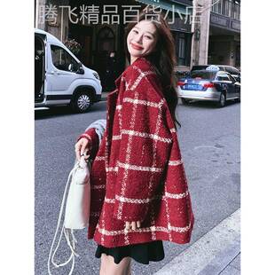 香港本命年红色格子羽绒西装毛呢外套女冬短款小个子宽松加厚呢子