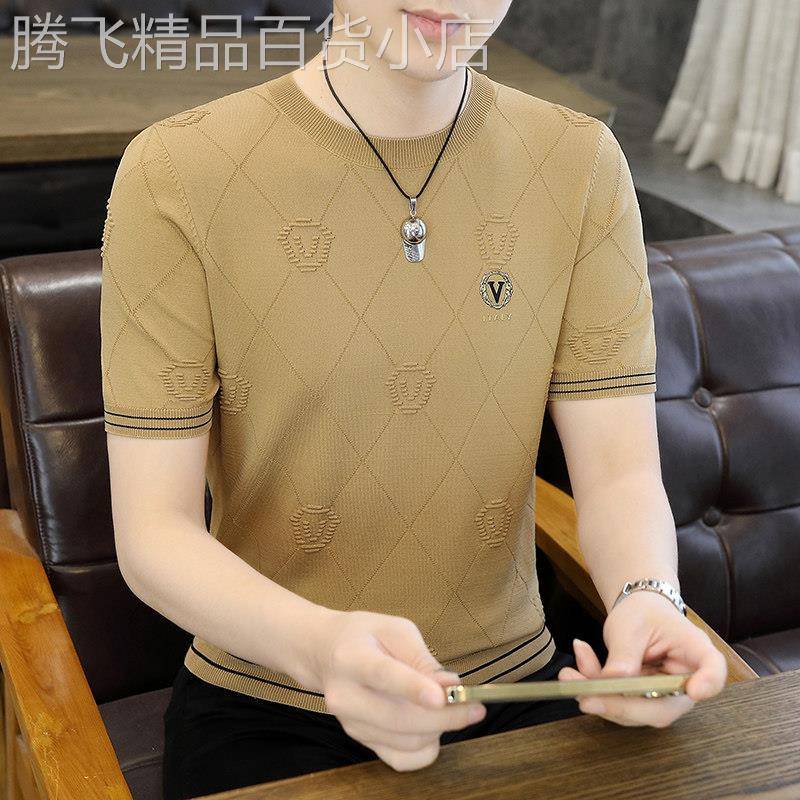 冰丝短袖t恤男夏季薄款透气半袖T恤韩版修身个性提花圆领上衣潮t