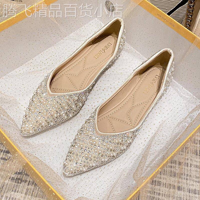 水钻尖头单鞋女夏款平底2025新款仙女浅口瓢鞋软底大码女鞋41一43