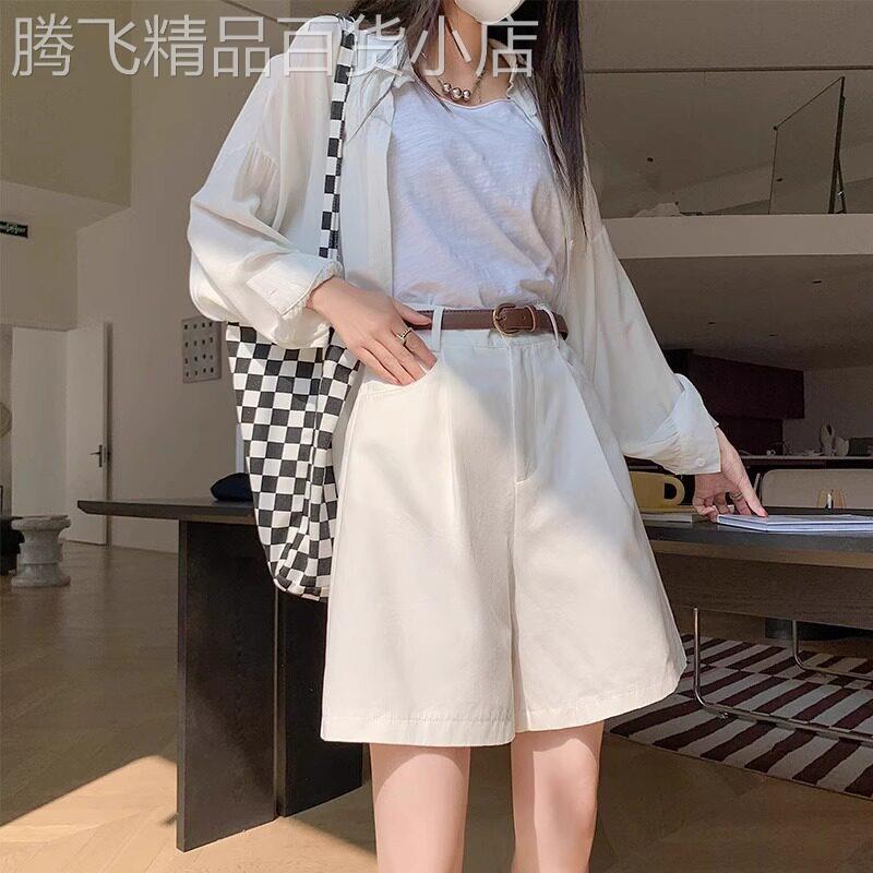 白色阔腿工装短裤女夏季薄款高腰宽松直筒中裤A字休闲运动五分裤