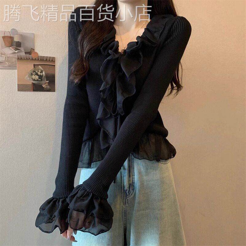 黑色蕾丝针织打底衫女春秋2025新款修身内搭短款荷叶边喇叭袖上衣