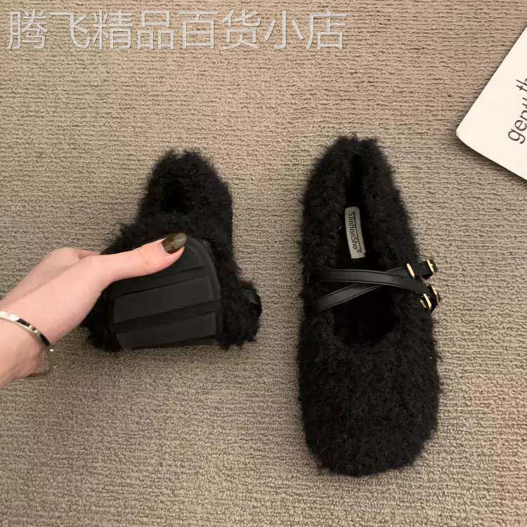 香港平底玛丽珍毛毛鞋女秋冬2026新款软底羊羔绒豆豆鞋加绒棉瓢鞋