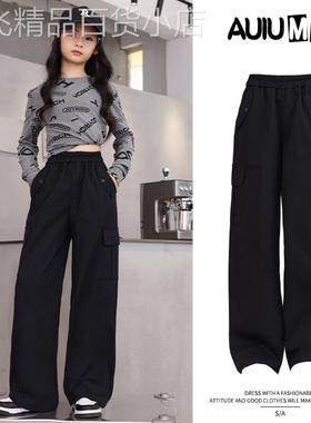 英国Next Kiss女童工装裤春季2025新款儿童黑色休闲百搭阔腿裤子