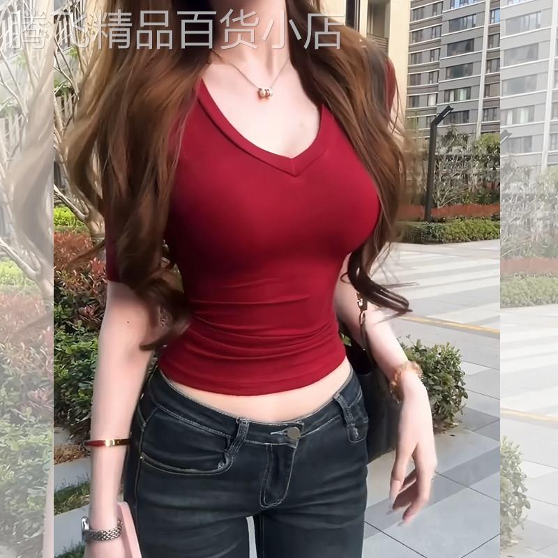 夏季性感V领正肩短袖t恤女纯欲五分袖紧身打底衫气质收腰显瘦上衣