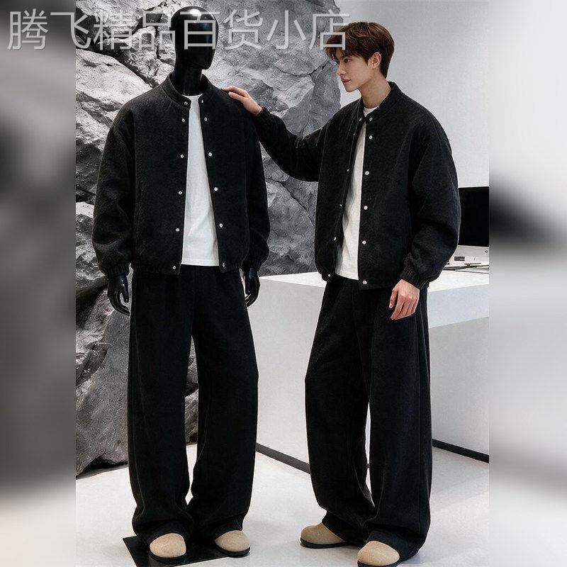 轻奢男士重磅开衫外套卫裤两件套2026秋季加厚毛呢感休闲运动套装