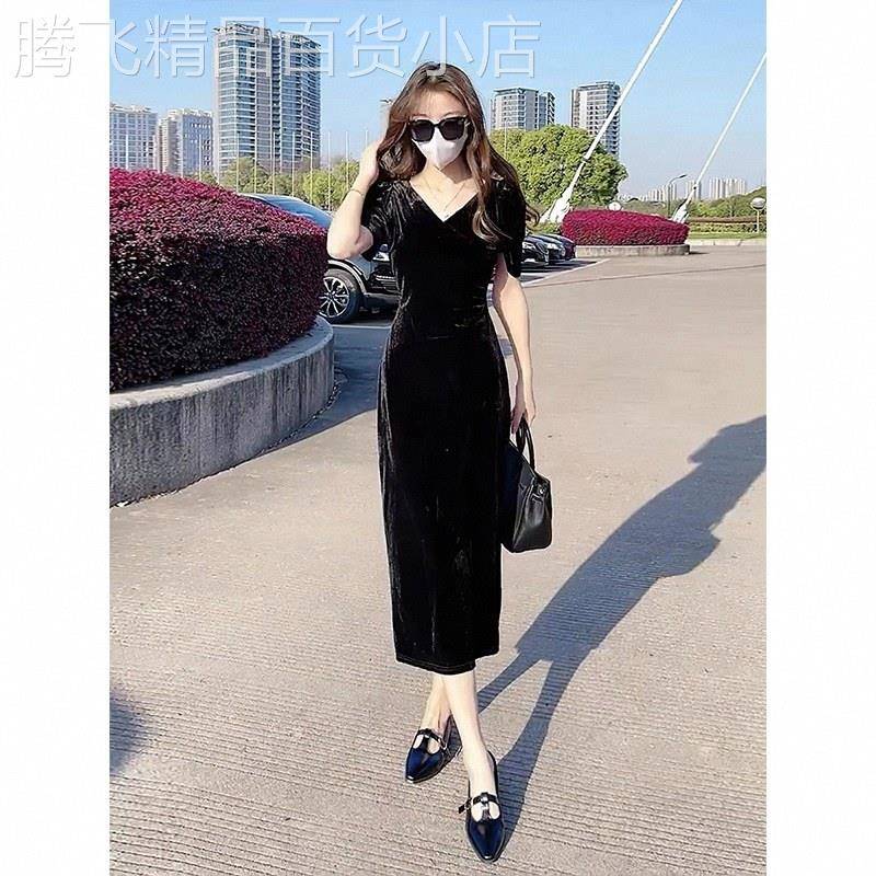 赫本风名媛v领黑色礼服裙女秋季欧货爆款泡泡袖开叉裙丝绒连衣裙