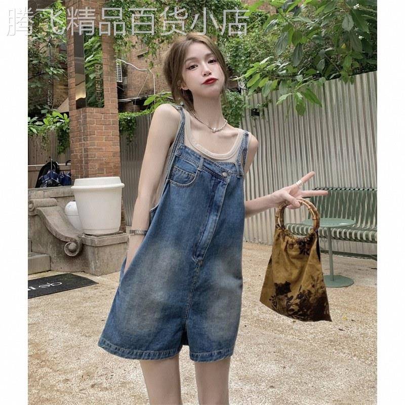 不规则复古蓝色牛仔背带裤女夏欧货高腰直筒阔腿短裤设计感连体裤
