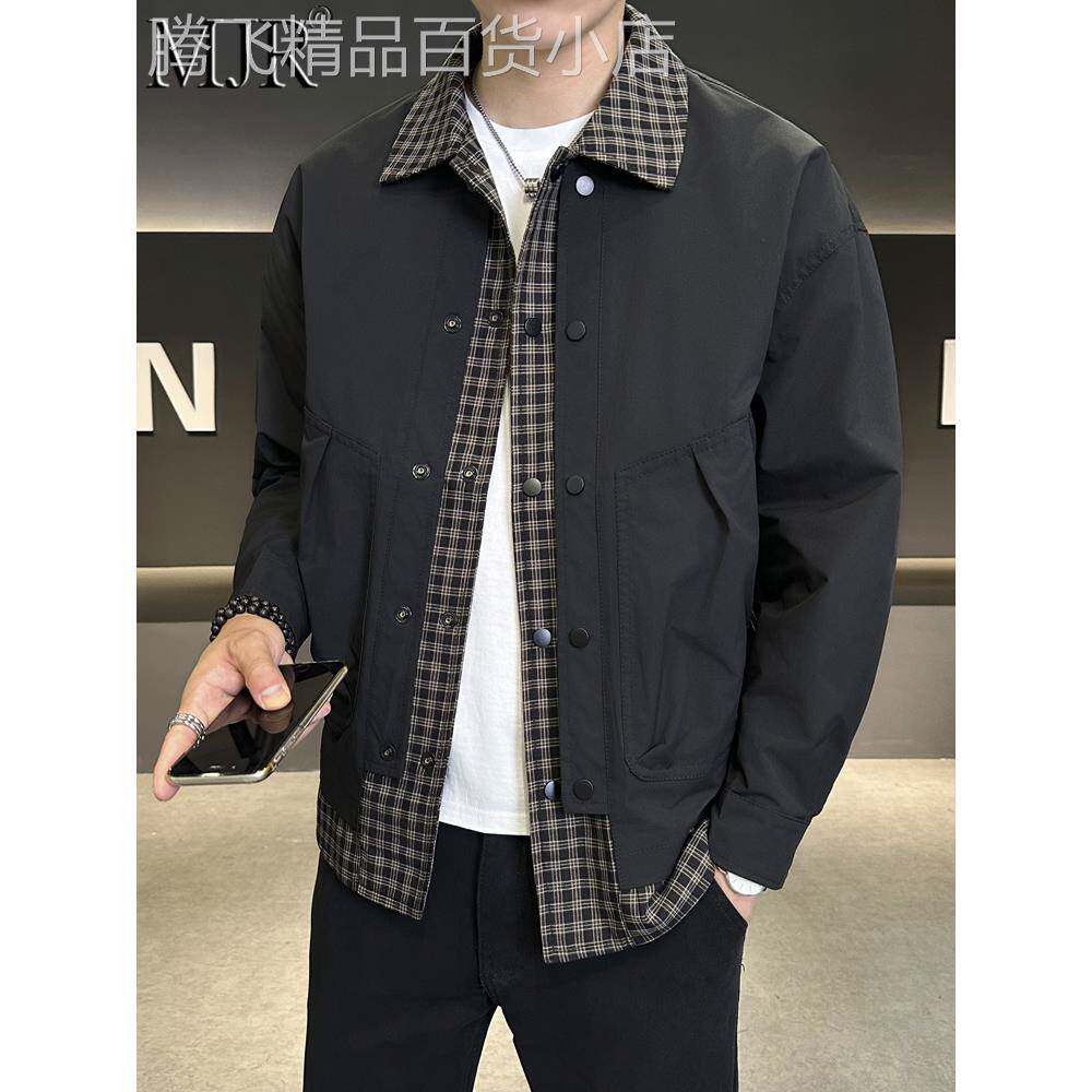 高端假两件外套男士2025年秋冬季新款高级感翻领夹克男款工装上衣