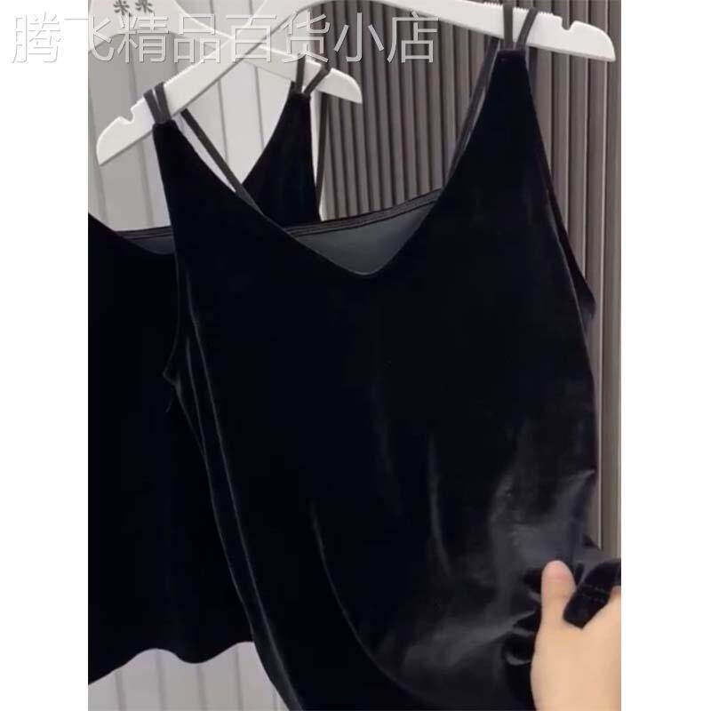 黑色金丝绒v领性感吊带背心女春秋欧货特大码胖妹妹气质内搭上衣