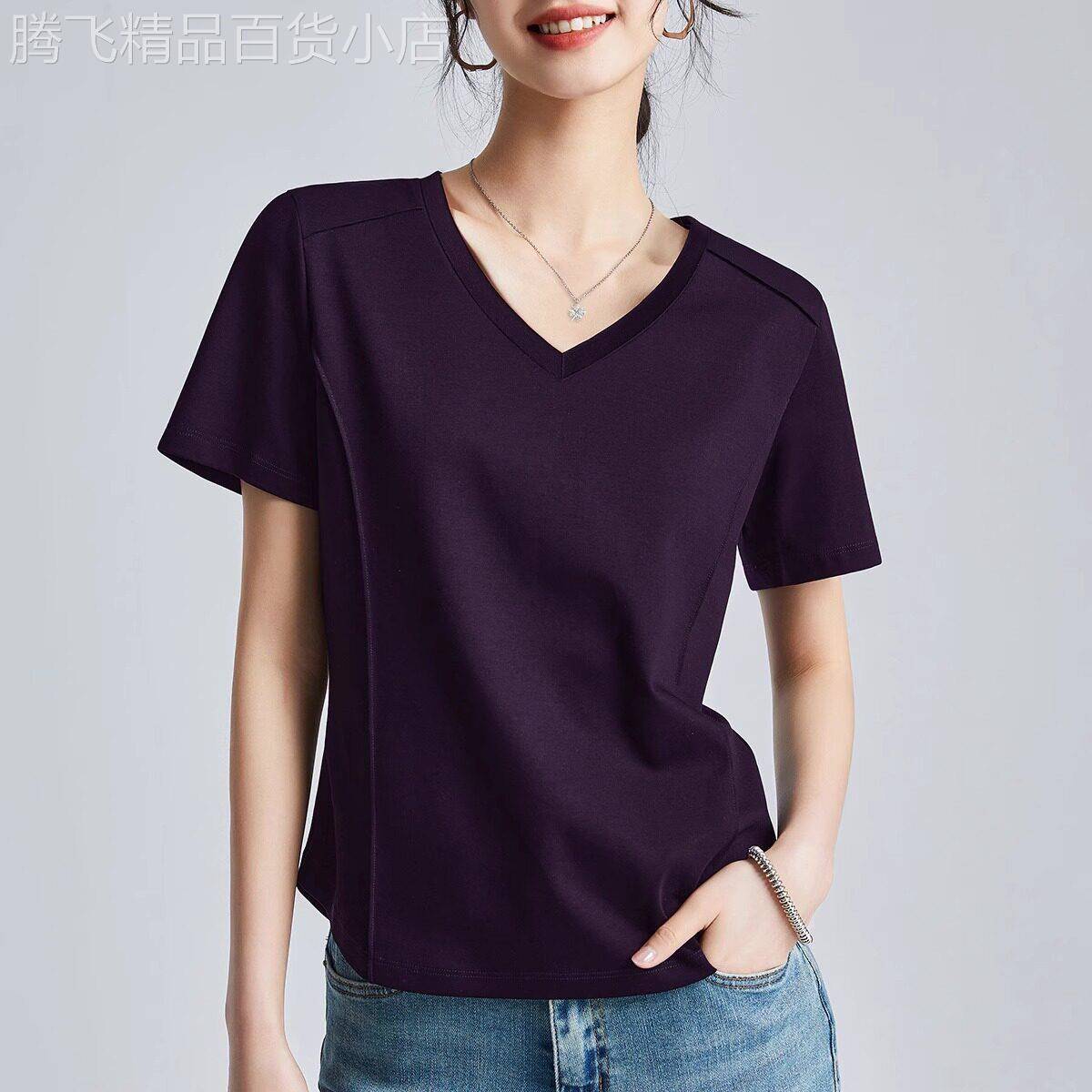 潮牌大码韩版短袖t恤女夏季2025年新款小个子时尚百搭正肩V领上衣