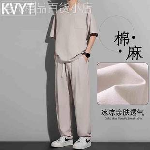 高端男士休闲亚麻套装夏季冰丝棉麻速干短袖薄款长裤搭配一整套薄