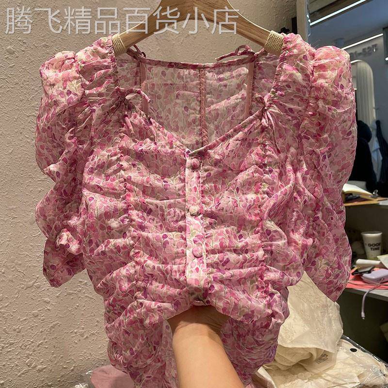 V领褶皱碎花雪纺短袖衬衫女夏季新款韩版百搭洋派泡泡袖天丝上衣