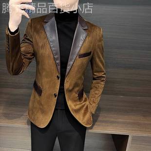 高级感灯芯绒西服男冬季新款韩版潮流百搭拼接皮领休闲小西装外套
