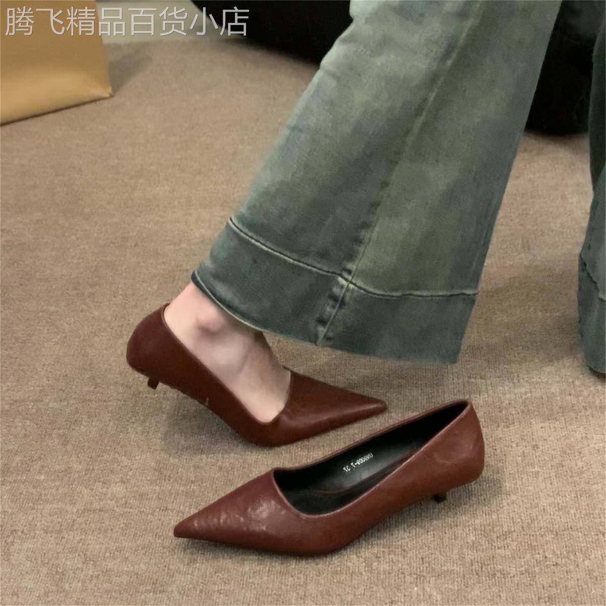 店主自留新款~法式气质单鞋女2025春秋季真皮尖头细跟红色高跟鞋