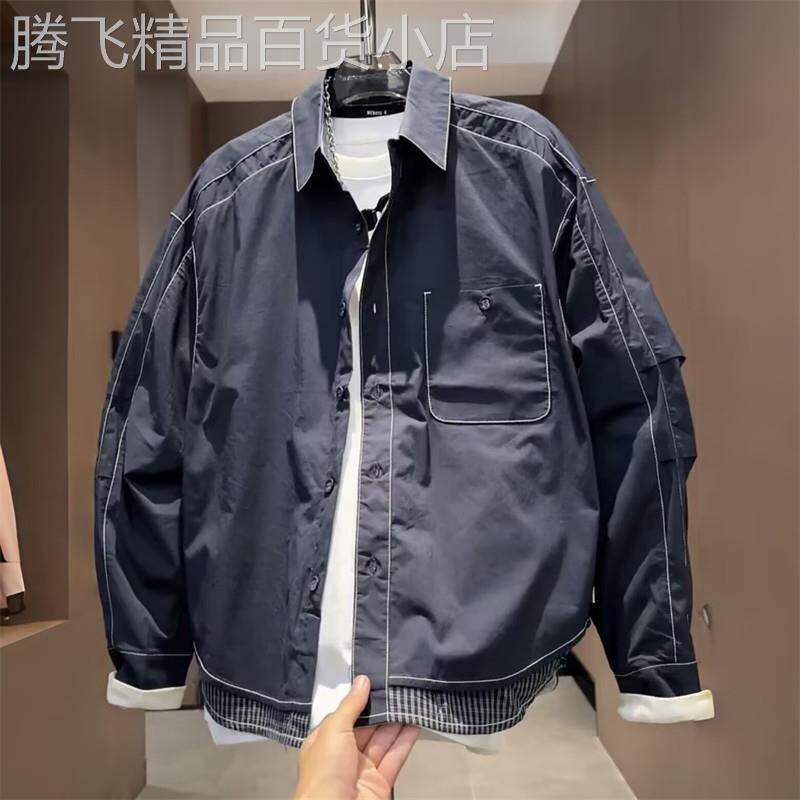高端男士假两件格子设计感衬衫外套秋季休闲痞帅百搭工装翻领夹克
