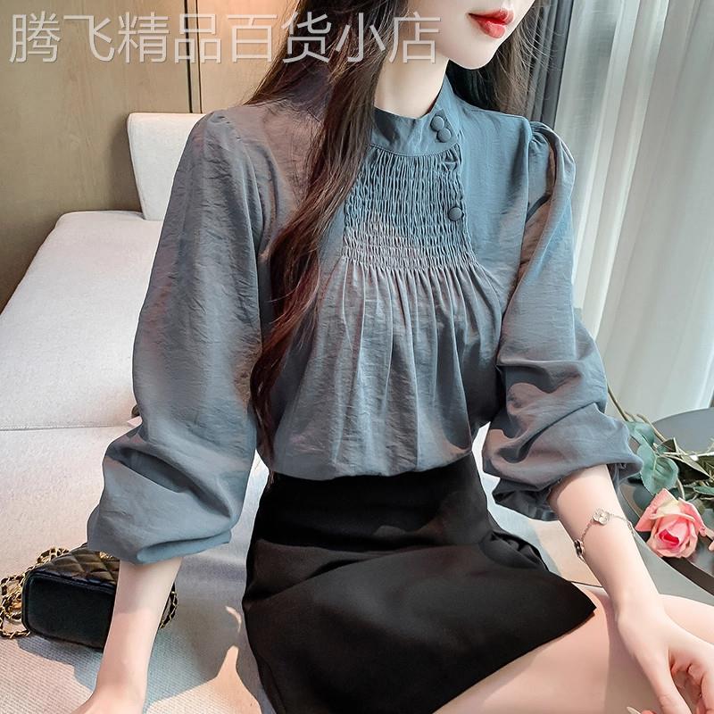 雪纺衬衫女春秋2025新款复古港味立领衬衣设计感小众别致印花上衣