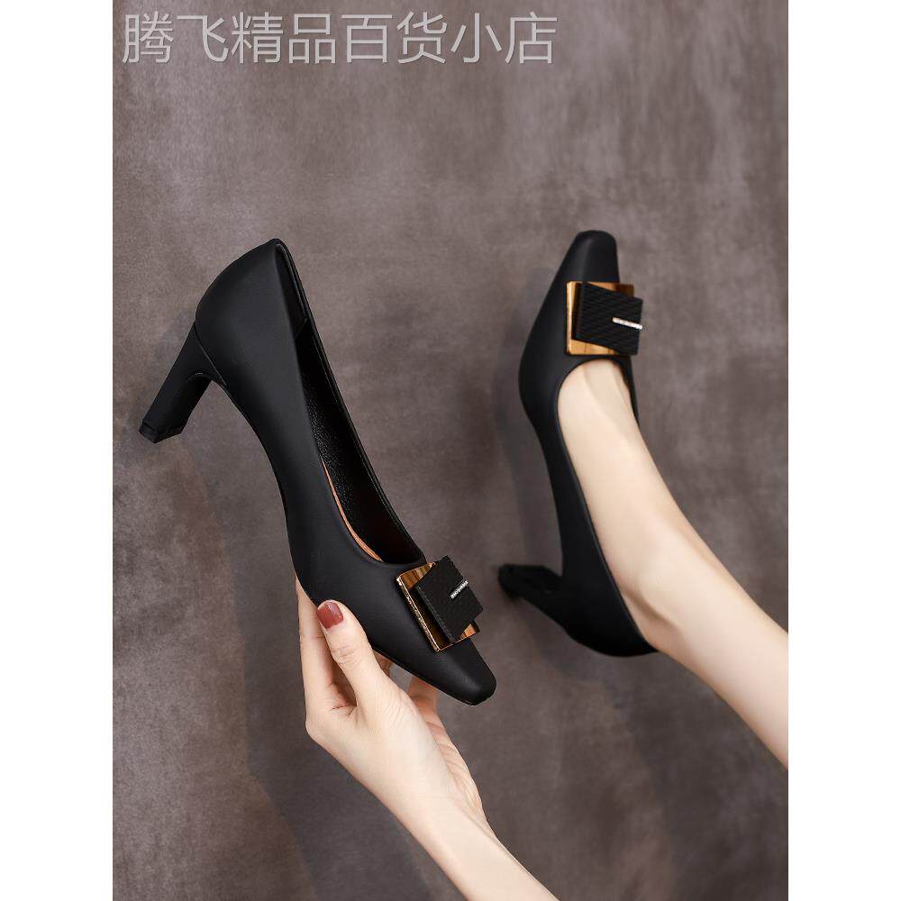 QVU~品牌专柜！方头不累脚高跟鞋女今年新款法式黑色单鞋女配裙子