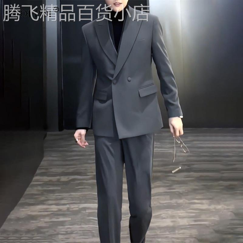 高端男士商务休闲西装套装2025春秋季英伦简约双层领痞帅西服外套