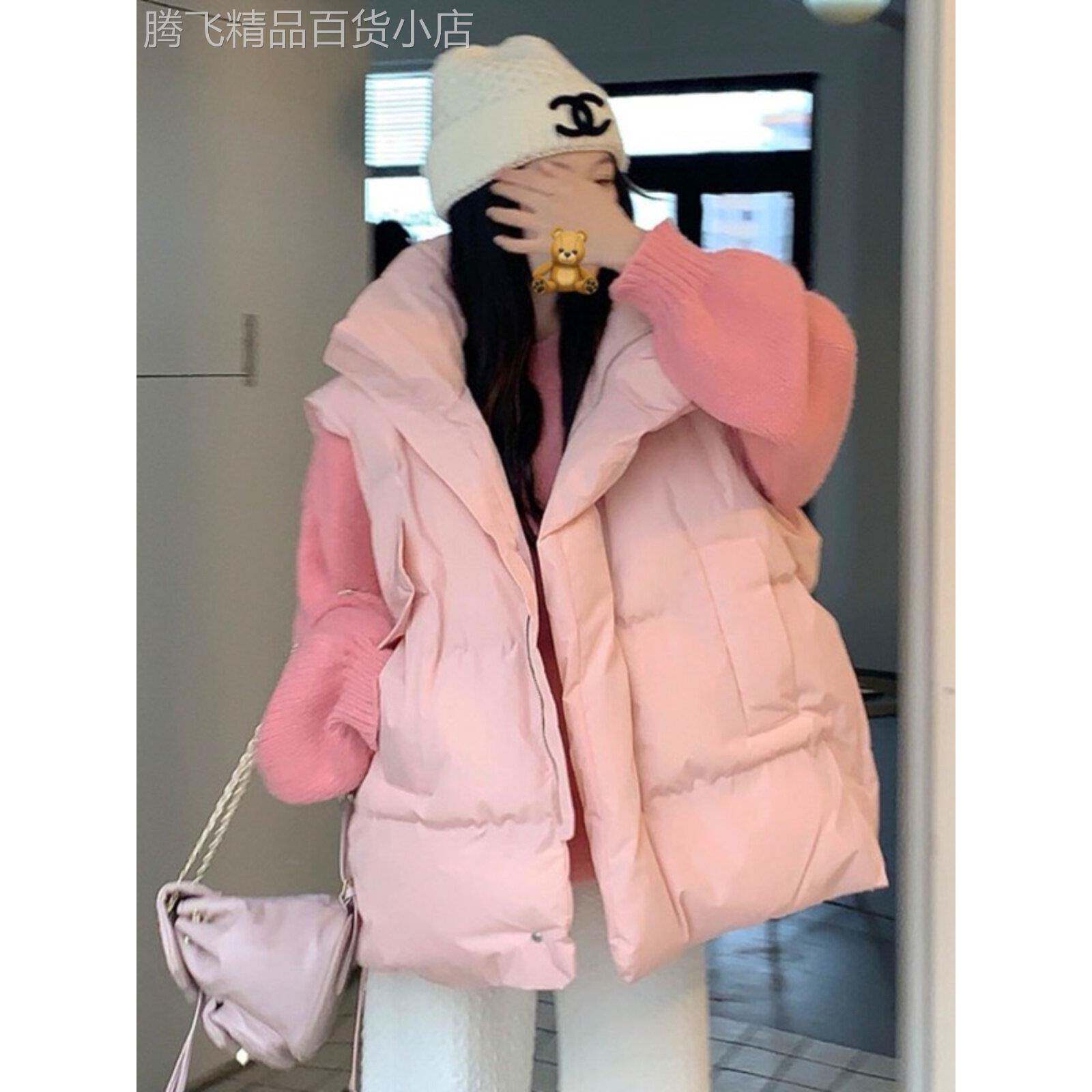 粉色羽绒棉马甲女秋冬季欧货宽松外搭羽绒服无袖背心坎肩棉服外套
