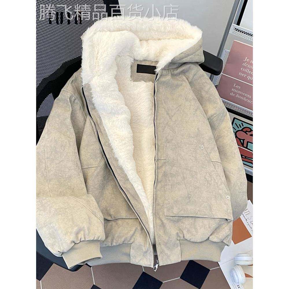 彷水貂毛棉衣男款秋冬季美式连帽工装夹克加绒加厚座山雕棉服外套