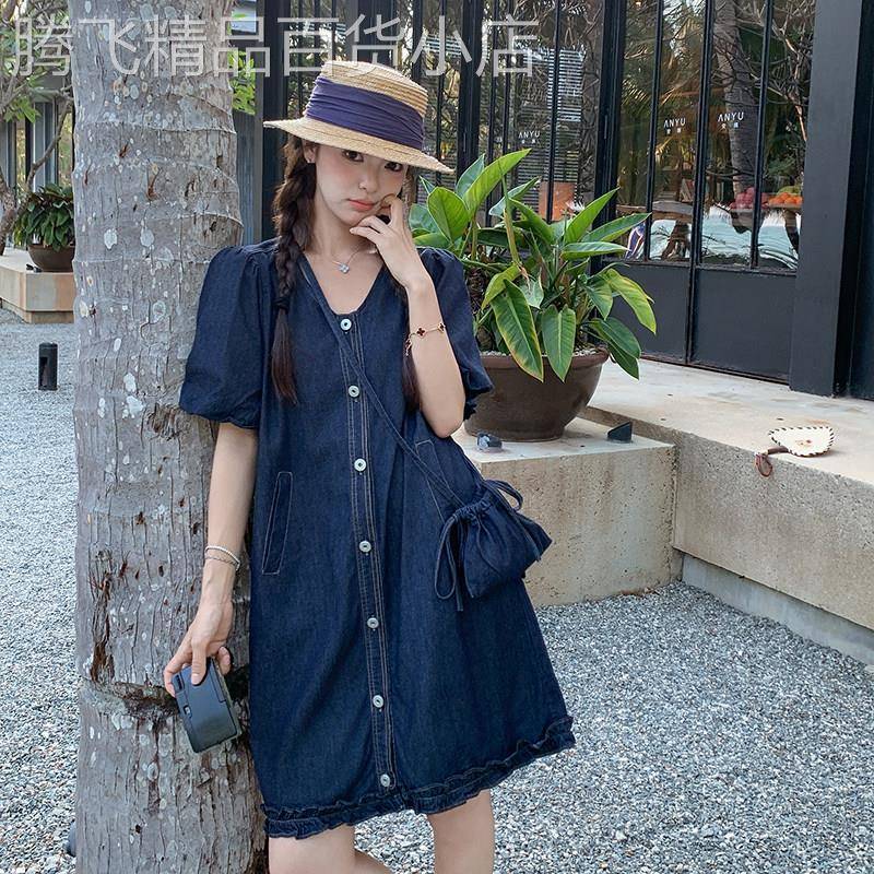 法式薄牛仔连衣裙女夏季2025新款宽松显瘦V领木耳边设计感小裙子