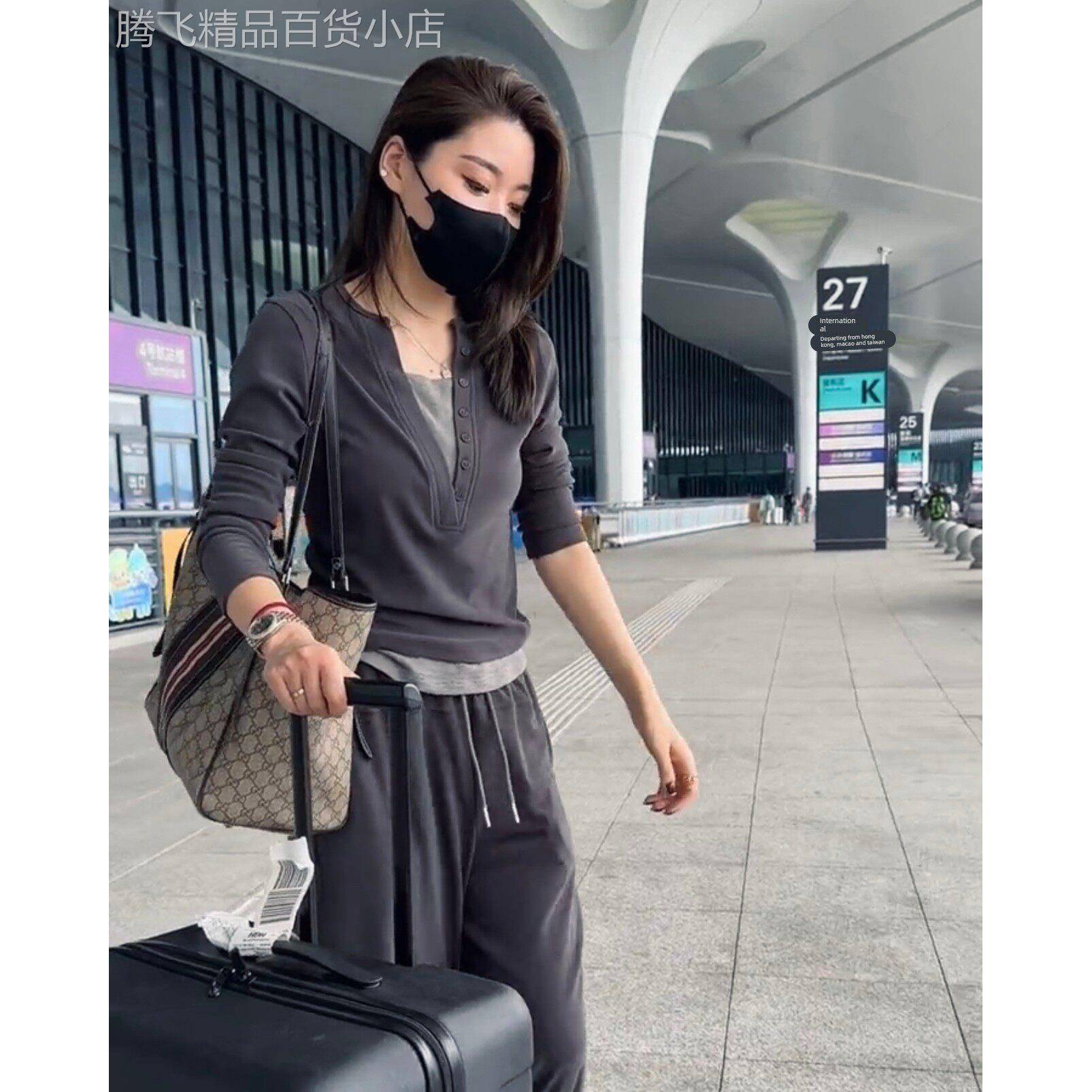 欧洲站秋季减龄休闲假两件长袖上衣松紧腰阔腿裤拖地裤时尚套装女