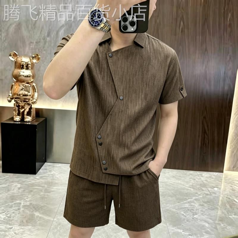 潮牌翻领钮扣装饰短袖套装男士夏季时尚修身老钱风百搭上衣两件套