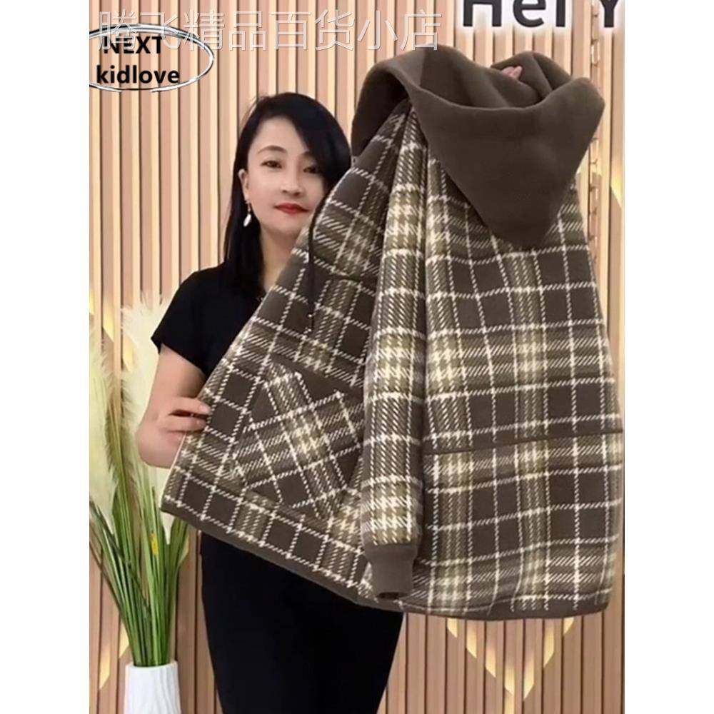 香港秋冬大码女装双面毛呢格子连帽外套胖mm休闲百搭夹克开衫上衣,女装/女士精品,毛呢外套,淘宝优惠券,粉丝福利购,淘宝优惠卷