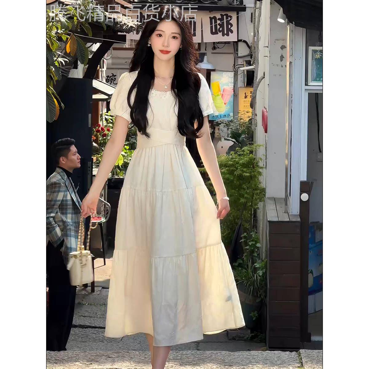 欧洲站2026夏季新款法式白色泡泡袖洋装超好看独特漂亮仙女裙子