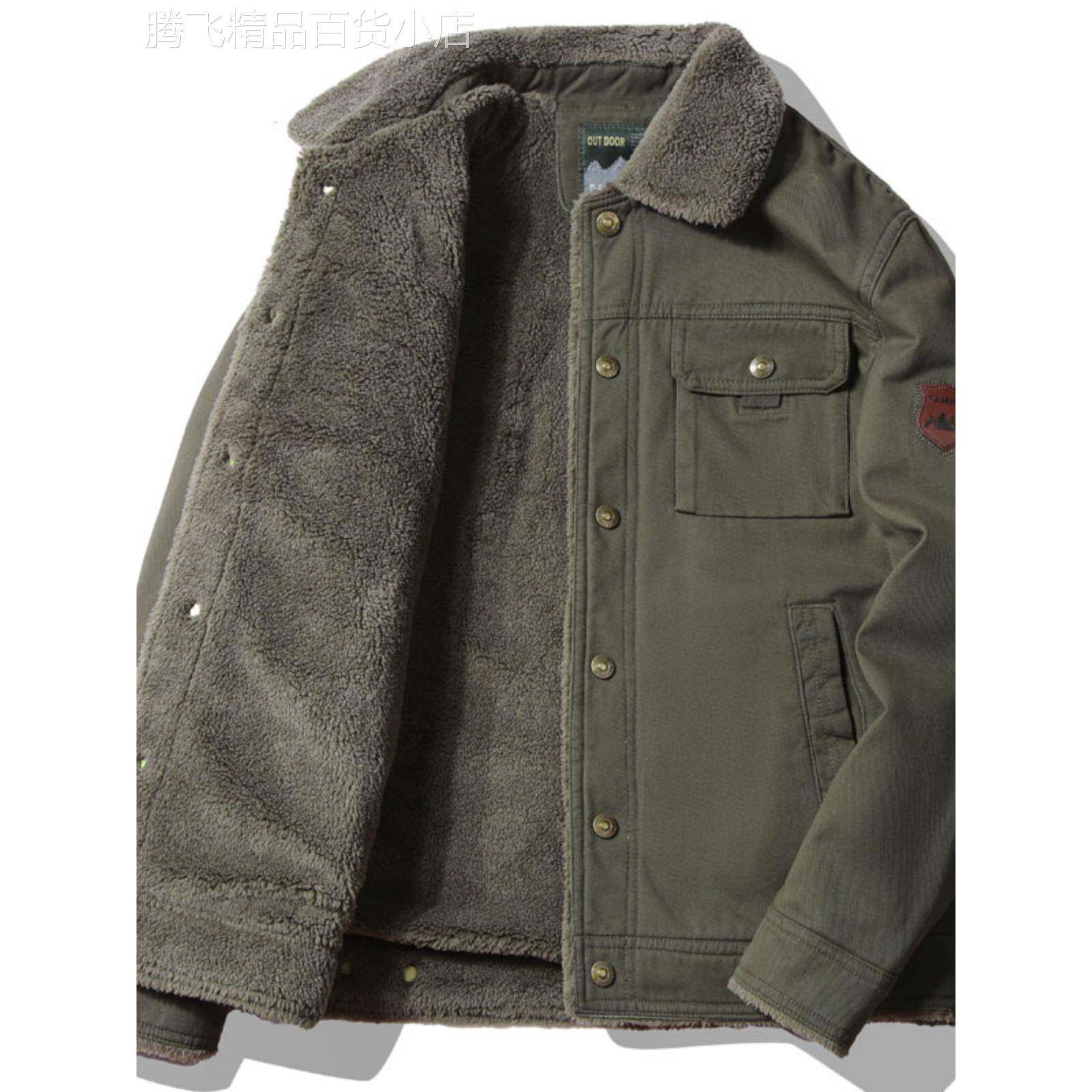 羊羔绒外套男士秋冬季大码翻领工装中年爸爸棉衣加绒加厚棉服夹克