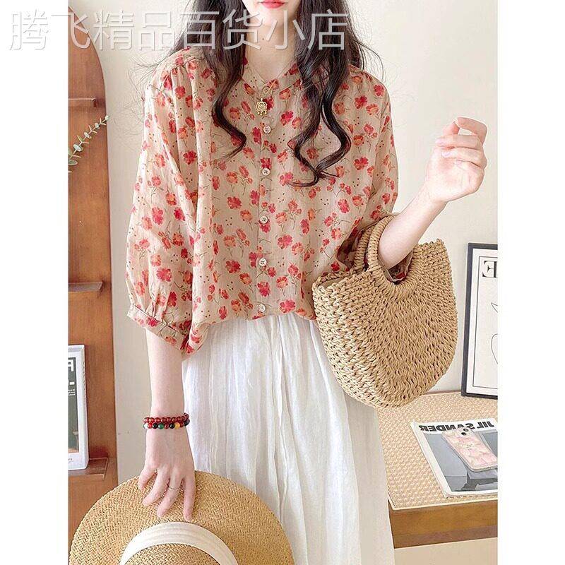碎花雪纺衬衫女夏季2025新款淑女文艺气质宽松显瘦圆领五分袖上衣