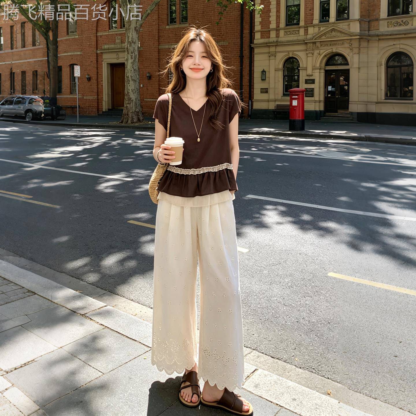 韩系复古超好看松弛感套装女2026新款夏花边短袖上衣阔腿裤两件套