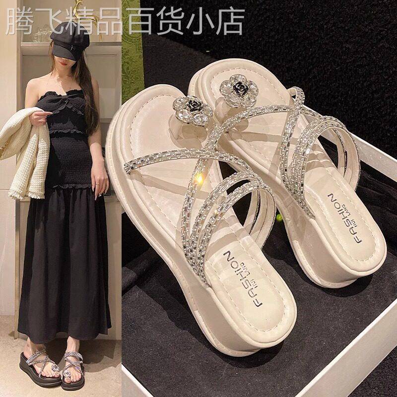 法式厚底水钻凉鞋女夏季外穿配裙子仙女休闲鞋两穿夹趾水晶凉拖鞋