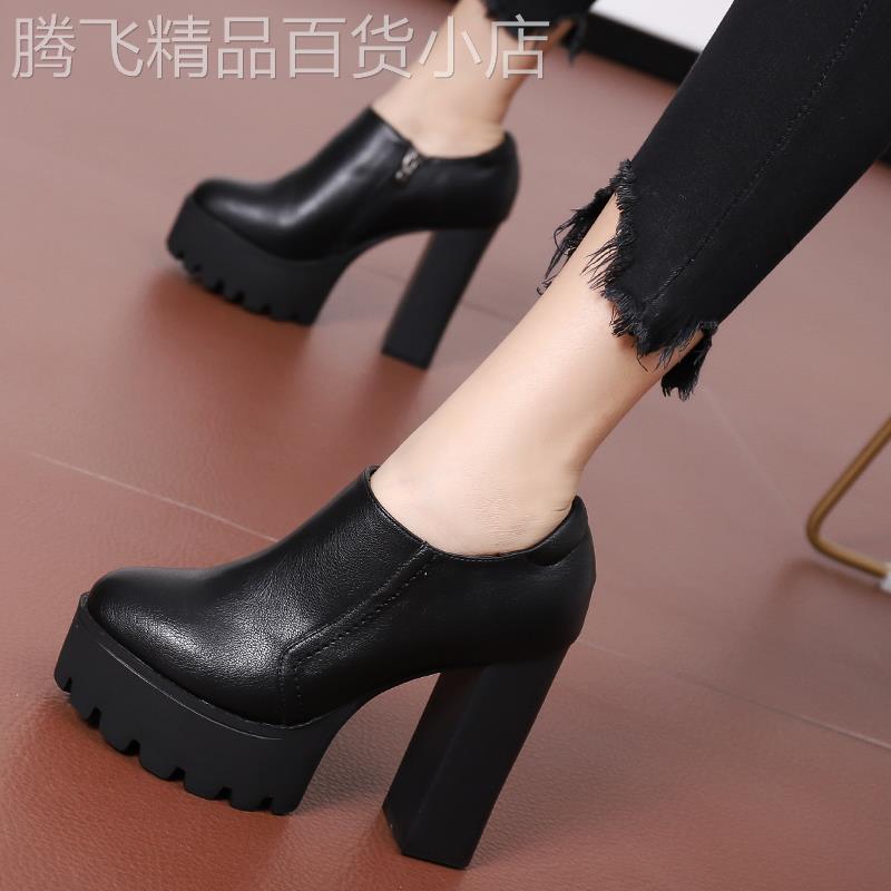 潮款粗跟防水台高跟短靴女秋冬新款百搭单靴深口黑色职业气质单鞋