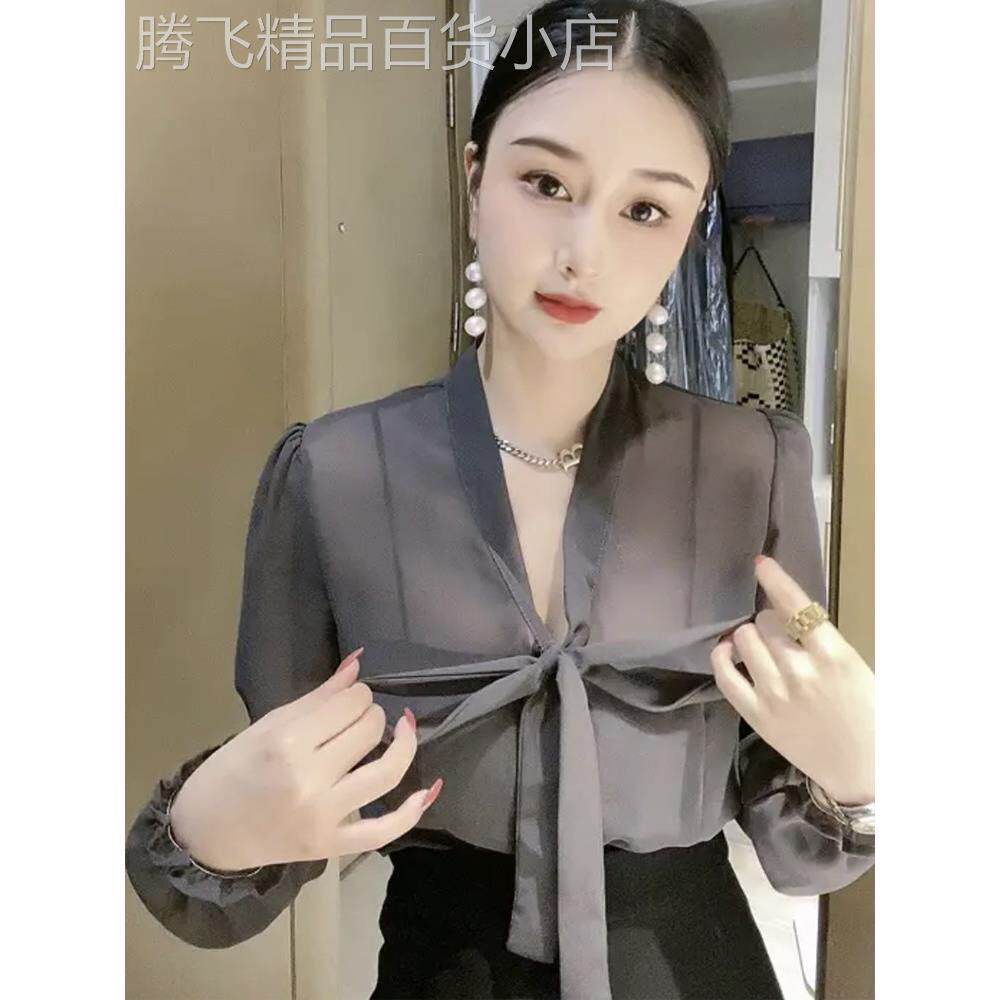 V领雪纺衫女长袖春秋款欧货高级感气质上衣显瘦网纱微透防晒衬衣