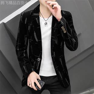 高端男士西装外套春秋韩版潮流帅气印花修身小西服男休闲百搭单西